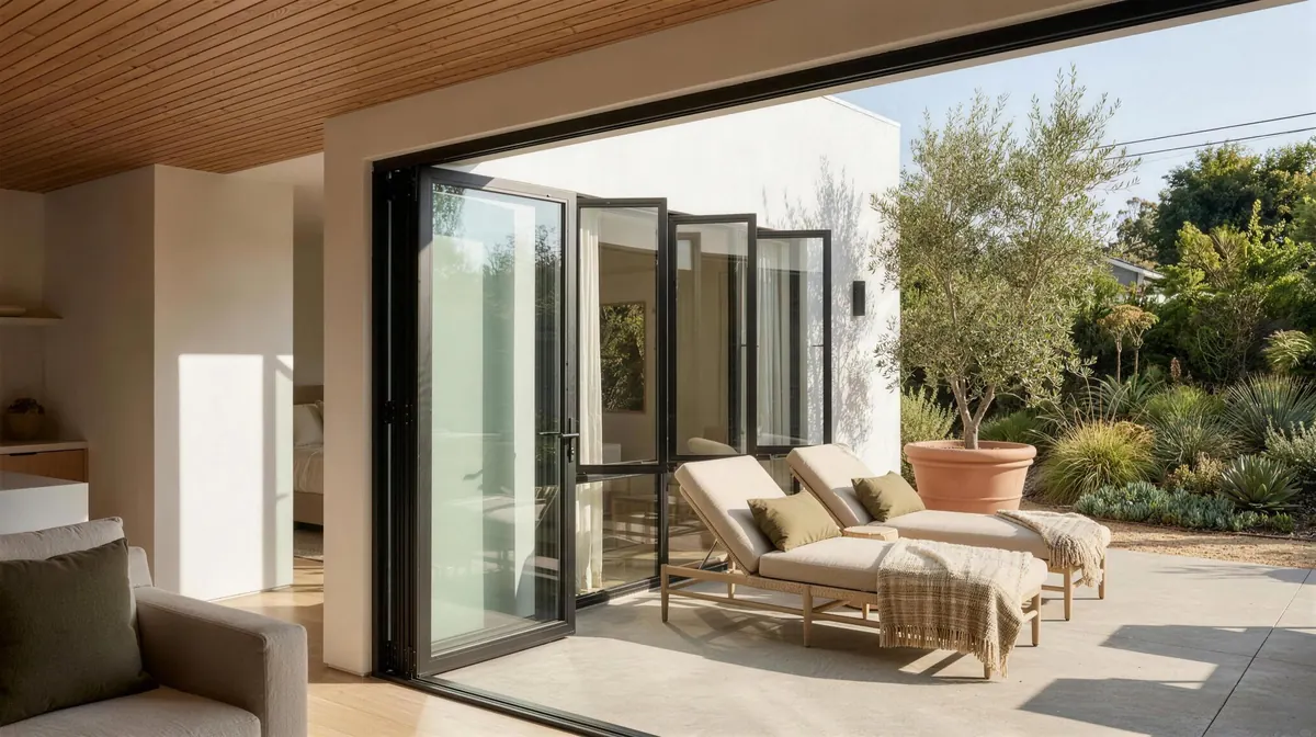 Room addition with folding glass doors that open to a patio