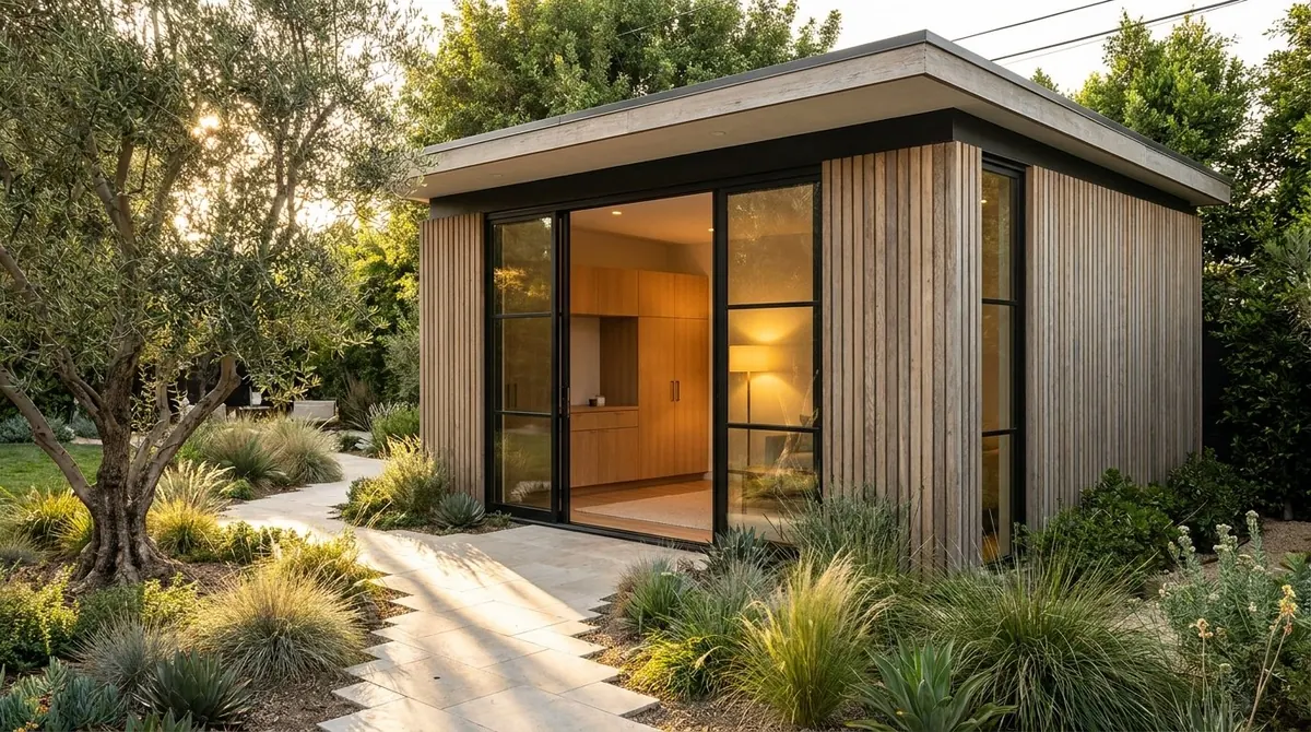 Detached backyard ADU with vertical wood siding and black-framed glass doors in a drought-tolerant garden