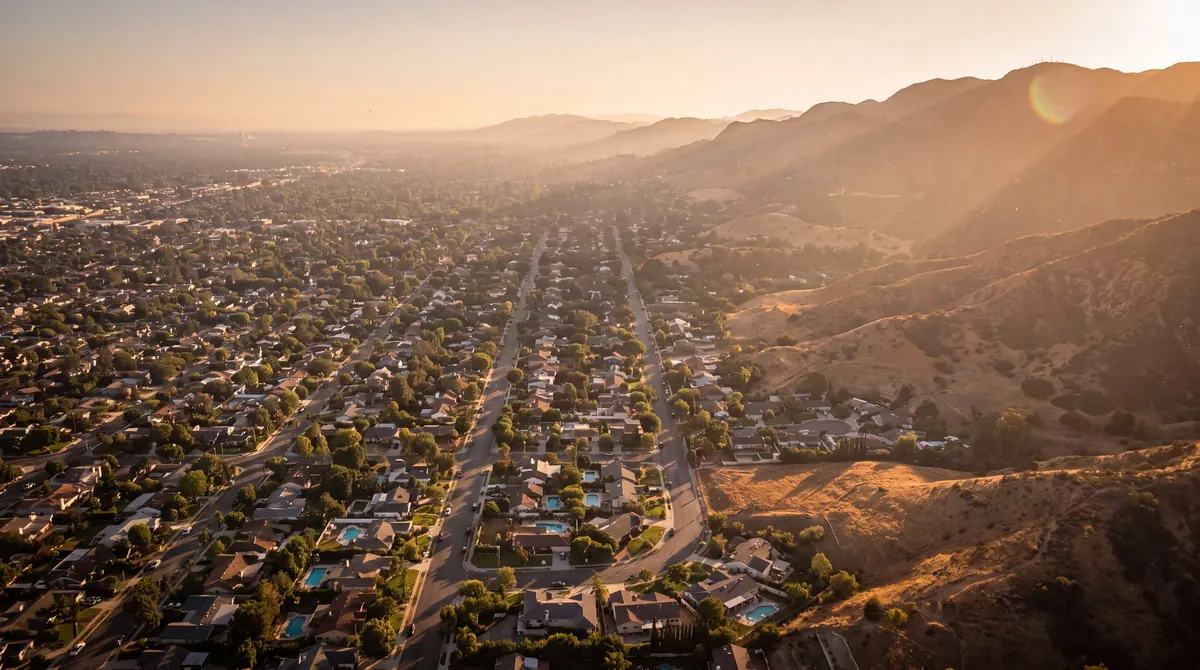Aerial view of San Fernando Valley neighborhoods at sunset