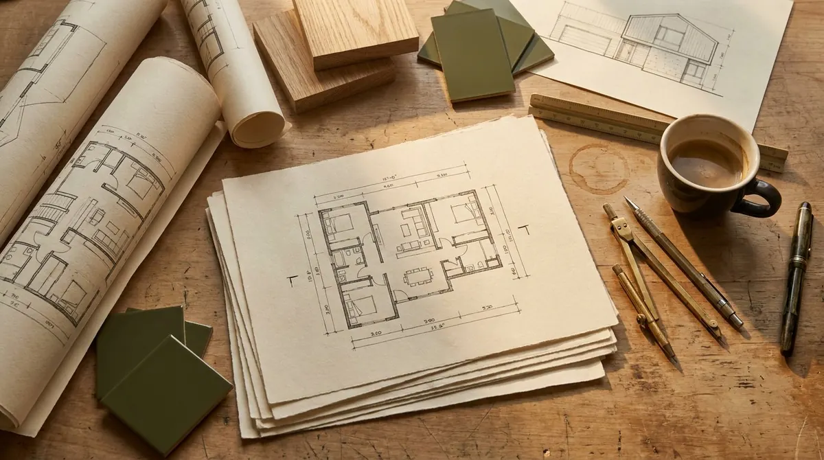 Floor plans, drafting tools and material samples on a desk