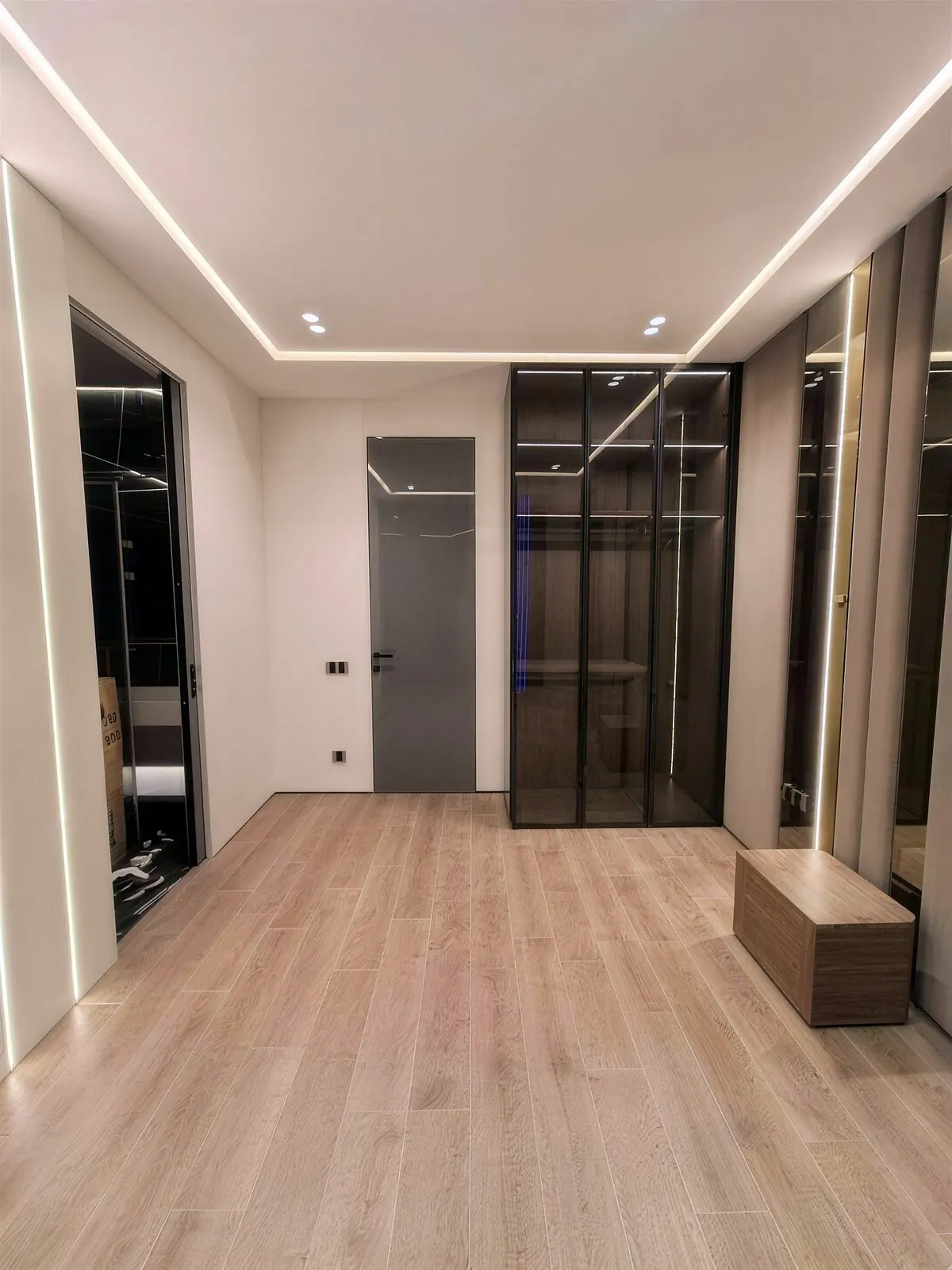 Dressing room with glass wardrobes, light lines and oak floor