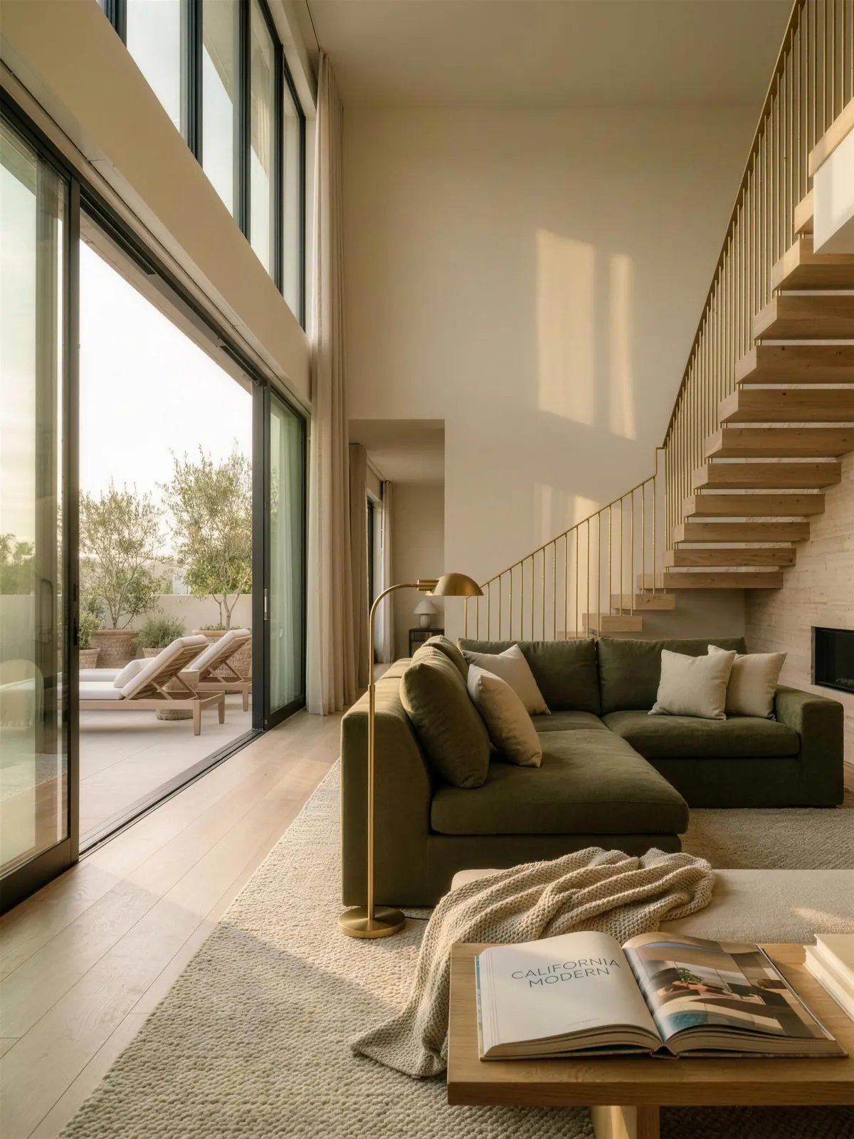 Bright remodeled living room with large windows
