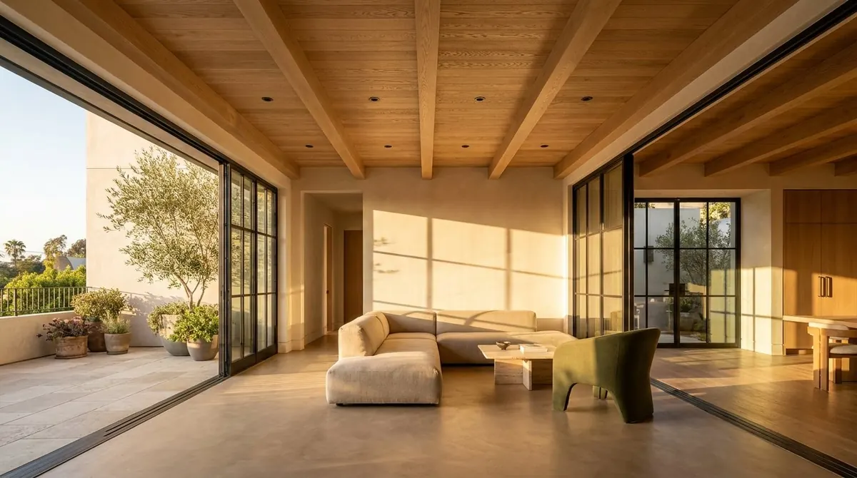 Open living room with wood ceiling beams and glass doors